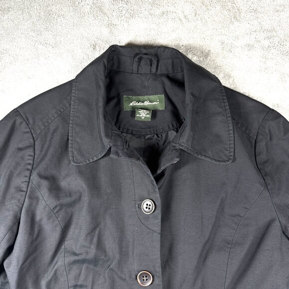 Eddie Bauer Women’s Medium Black Water Repellent Trench Coat Button Front - Picture 9 of 16